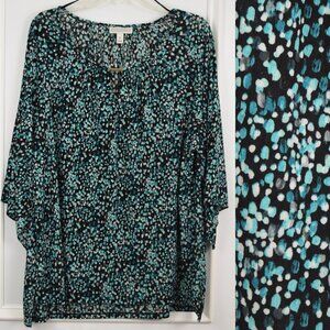 Dana Buchman Kimono Sleeve Top Women XL Black Green Popover Business Casual Arts